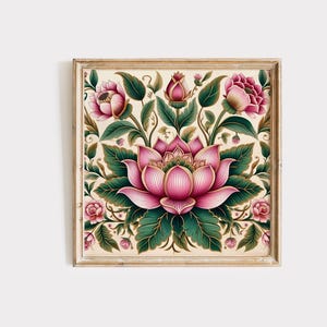Lotus-Druck Indische Volkskunst Traditioneller indischer rosa Lotus druckbare Wandkunst indischer Vintage-Pichwai, der quadratischen Lotus-Wohnzimmer-Dekor druckt