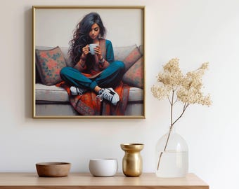 Modern Indian Woman Drinking Coffee Art Indian Pop Art Desi Women Drinking Indian Girl Wall Art Feminist Poster Desi Girl Art