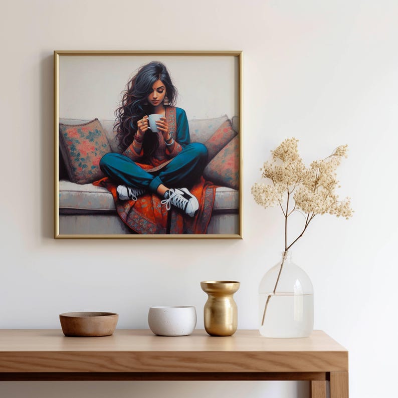 Digital artwork of a modern Indian woman sipping tea in vibrant colors.
desi woman in a turban drinking tea.
Feminist poster featuring an Indian woman with tea. Punjabi woman enjoying tea.
pop art of a turbaned woman sipping tea.