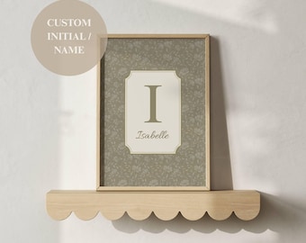 Lámina decorativa vintage con iniciales y flores, nombre personalizado para la habitación infantil. Descarga digital de láminas infantiles con monograma personalizado.