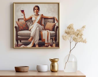 Modern Indian Woman Drinking Art Indian Pop Desi Women Drinking Art Kitchen Wall Art Indian Wall Art Pink Feminist Poster Desi Girl Wine Art