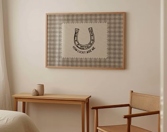 Rustic Gingham How Lucky Are We Hand Drawn Horseshoe Wall Art Western Digital Download
