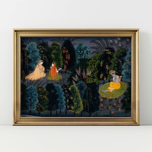 May include: A framed print showing a detailed illustration of a forest scene. The artwork depicts figures in colourful attire amidst lush greenery. The frame is gold-toned, enhancing the visual appeal of the artwork.