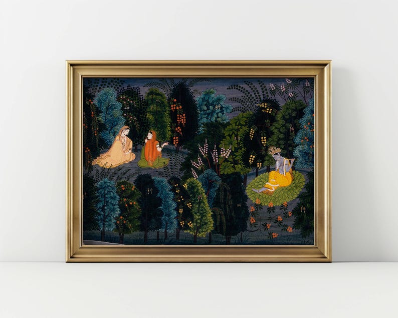 May include: A framed print showing a detailed illustration of a forest scene. The artwork depicts figures in colourful attire amidst lush greenery. The frame is gold-toned, enhancing the visual appeal of the artwork.