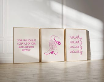 Rosa cowgirl-tryck Set med 3 citatväggkonst Preppy väggkonst Minimalistisk sydstatsväggkonst Västerländsk studentrumsdekor Flickiga rosa cowgirl-posters