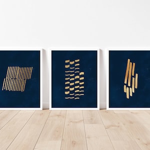 Ensemble de 3 oeuvres d&#39;art mural bleu marine et or, ensemble de 3 affiches murales bleues abstraites pour galerie d&#39;art, décoration murale minimaliste, trio bleu et or