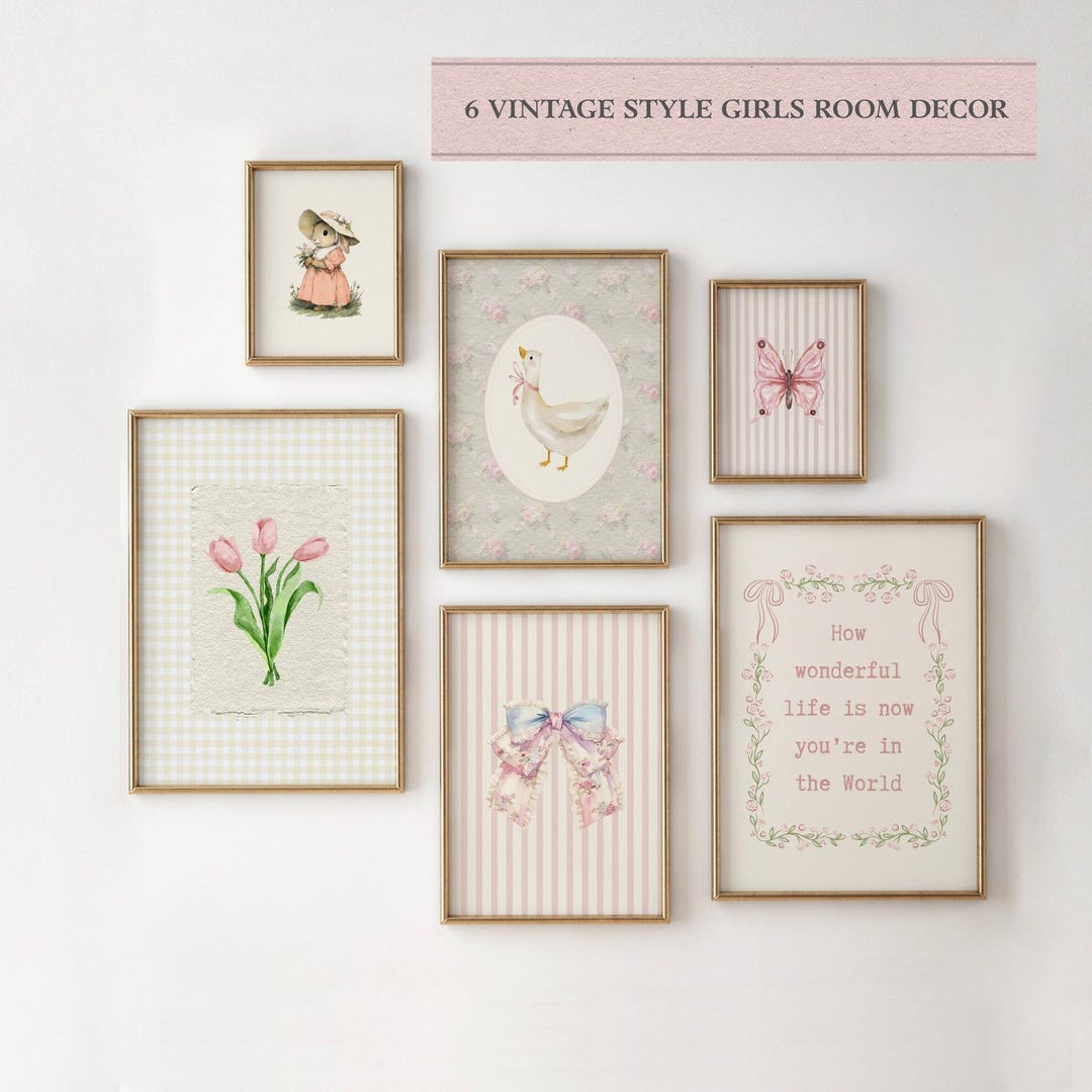 Vintage Baby Girl Nursery Wall Art Set of 6, Shabby Chic Pink Floral ...