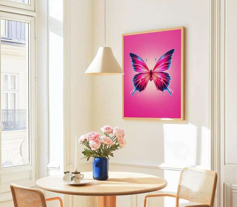 Pink Butterfly Print Neon Pink Wall Decor Cute Apartment Wall Art