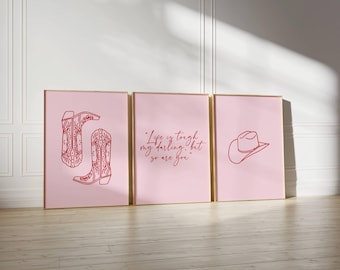 Pink and Red Cowgirl Prints Set Of 3 Trendy Wall Art  Minimalist Southern Wall Art Western Dorm Decor Girly Pink Cowgirl Posters