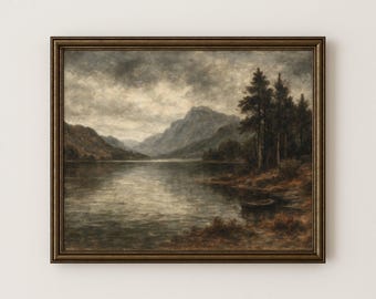 Rustic Lake Landscape Oil Painting Print - Autumn Farmhouse Decor (Digital Download)