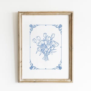 Vintage Tulip Illustration Print Blue Abstract Vintage Painting Vintage Botanical Digital Downloadable Trendy Decor Cornflower Blue Wall Art