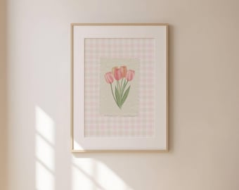 Vintage Tulpen Illustration Druck Abstrakte Vintage Malerei Vintage Botanische Digital karierte trendige Dekor Kornblumen-rosa Tulpen-Wand-Kunst