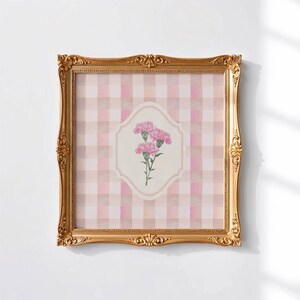 Blush Pink Check Floral Print Pink Carnations Illustration Wall Art Botanical Flower Painting  Checkered Trendy Decor Floral Bouquet Print