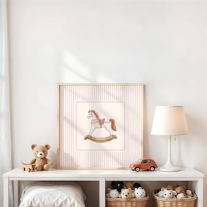 Pink Stripped Rocking Horse Nursery Wall Art Baby Print Nursery Decor Room Baby Room Decoration Ideas Vintage Style Rocking Horse Artwork