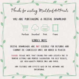 May include: A digital download announcement from Mint Leaf Art Prints, with text about digital downloads, refunds, and color variations. The image includes icons for purchase, download, print, and frame, with a decorative green border.