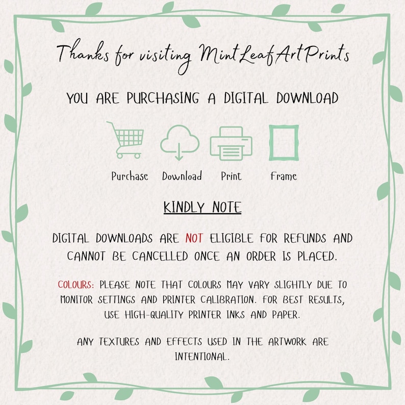 May include: A digital download announcement from Mint Leaf Art Prints, with text about digital downloads, refunds, and color variations. The image includes icons for purchase, download, print, and frame, with a decorative green border.