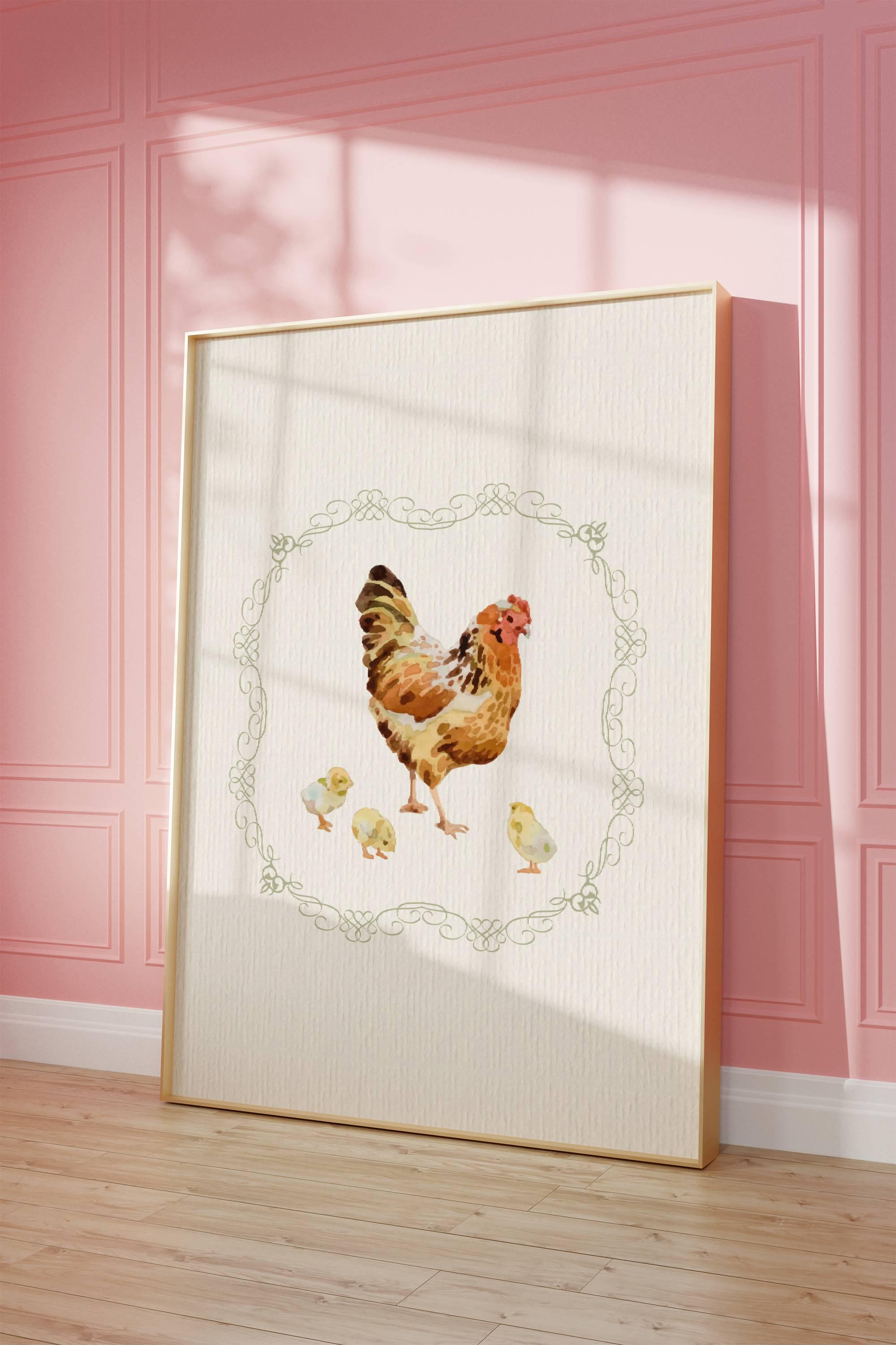 鶏の印刷可能な壁アート ヴィンテージ絵画 母鶏のプリント 抽象的な