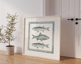 魚の壁アート セージグリーンの魚のキッチン装飾 デジタルダウンロード プリント トレンディなホームデコレーション 航海のイラスト コテージコアの壁アート