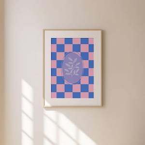 Botanical Blue Art Print Checked Blue Wall Art Cottage Core Decor Floral Printable Wall Art Girls Room Decor Gift For Her Dorm Poster