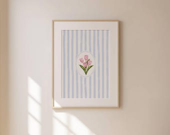 Vintage Tulip Blue Stripped Illustration Print Abstract Flower Vintage Painting Botanical Digital Download Trendy Cornflower Pink Decor