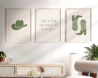 Set di 3 stampe di stivali da cowgirl Sage, stampe artistiche western, arte murale western alla moda, decorazioni per la casa del sud, stampa del selvaggio West, verde, ragazza ARTE STAMPABILE