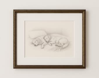Golden Retriever Digital Art Print Sleeping Dogs Wall Decor Pet Portrait Nursery Wall Art Dog Lover Gift Canine Pencil Drawing Home Decor