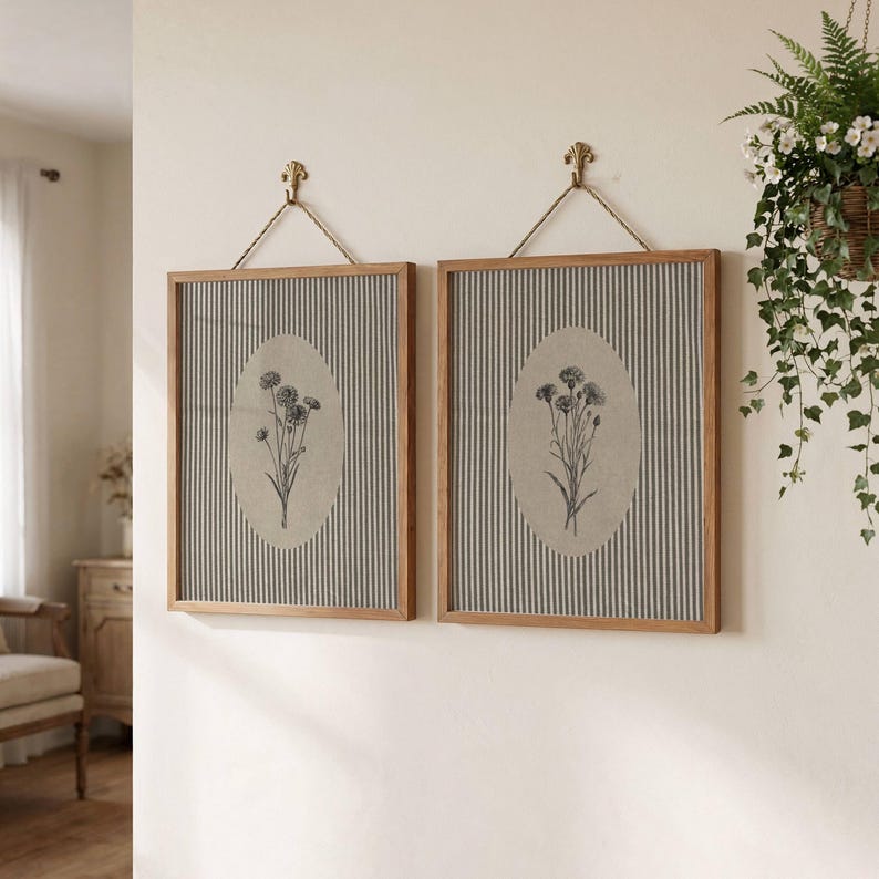 May include: Two square wall art pieces with light wood frames, each featuring a vertical gray and white striped background. Centered on each is an oval beige inset displaying a black line drawing of a wildflower bouquet, hung by a rope.