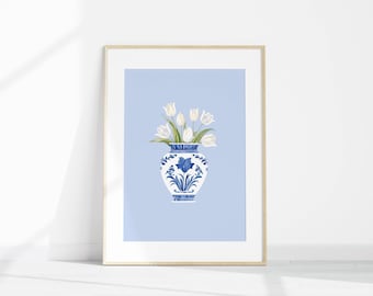 White Tulip Vase Tulip Illustration Print Trendy Floral Decor Blue Vase Wall Art Cornflower White Tulips Wall Art DIGITAL DOWNLOAD