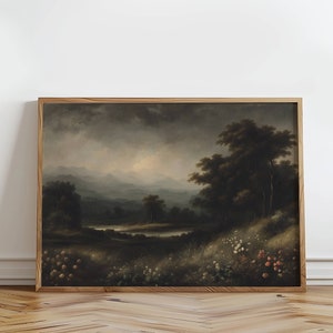 Moody Landscape Print Wildflower Painting Vintage Printable Art Dark Landscape Print Antique Scenery Home Decor Moody Landscape Painting