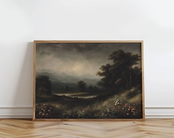 Impresión de paisaje melancólico, pintura de flores silvestres, arte vintage imprimible, impresión de paisaje oscuro, paisaje antiguo, decoración del hogar, pintura de paisaje melancólico