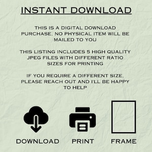 Puede incluir: Gr&aacute;fico de descarga digital con el texto "DESCARGA INSTANT&Aacute;NEA". Incluye iconos para descargar, imprimir y enmarcar. El texto indica que es una descarga digital con 5 archivos JPEG de alta calidad para imprimir.