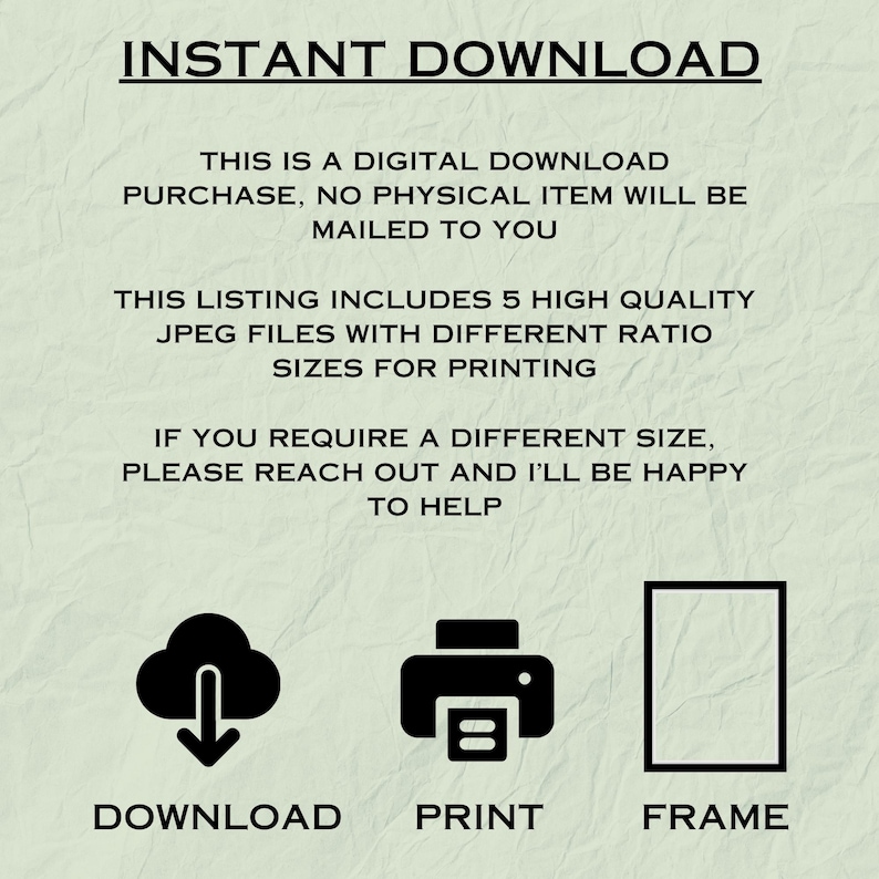 Puede incluir: Gr&aacute;fico de descarga digital con el texto "DESCARGA INSTANT&Aacute;NEA". Incluye iconos para descargar, imprimir y enmarcar. El texto indica que es una descarga digital con 5 archivos JPEG de alta calidad para imprimir.