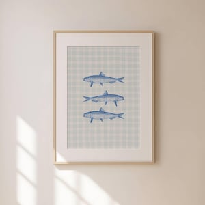 Stampa a quadretti di sardine, decorazione da parete con pesci, decorazione da cucina, casa sulla spiaggia costiera, stampa artistica con vita marina nautica incorniciata, tema marino unico e alla moda