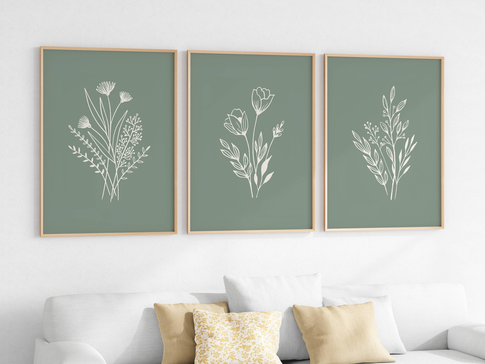 Green Floral Wall Art Set of 3 Sage Green Wall Prints Green Wall Decor ...