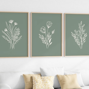 Green Floral Wall Art Set Of 3 Sage Green Wall Prints Green Wall Decor Botanical Prints Sage Green Natural Wall Decor