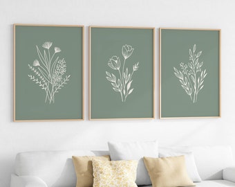 Art mural floral vert, lot de 3 impressions murales vert sauge Décoration murale verte Impressions botaniques Décoration murale naturelle vert sauge