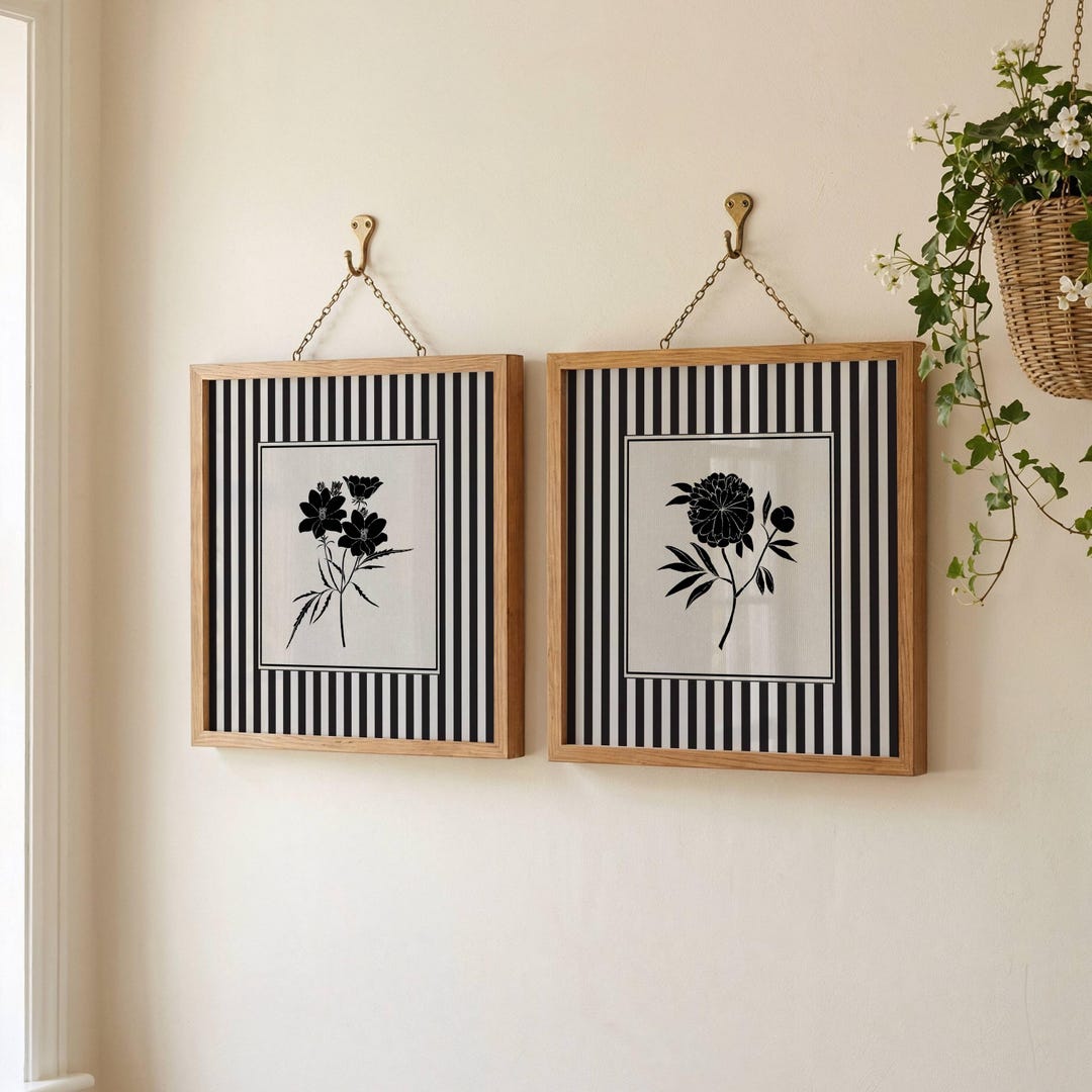 Vintage Botanical Wall Art Set of 3 Black and White Striped Prints ...