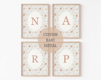 Decorazione murale floreale con iniziali per neonati, stampabile, monogramma personalizzato per cameretta dei bambini, decorazione botanica vintage, DOWNLOAD DIGITALE