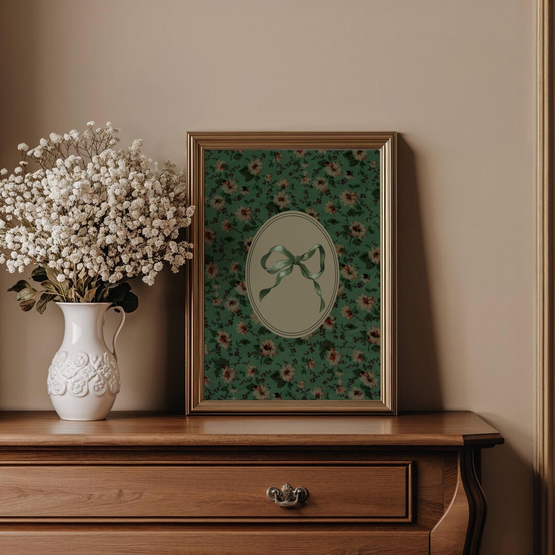 Green Floral Wall Art Vintage Home Decor Sage Green Bow Decor Bow ...