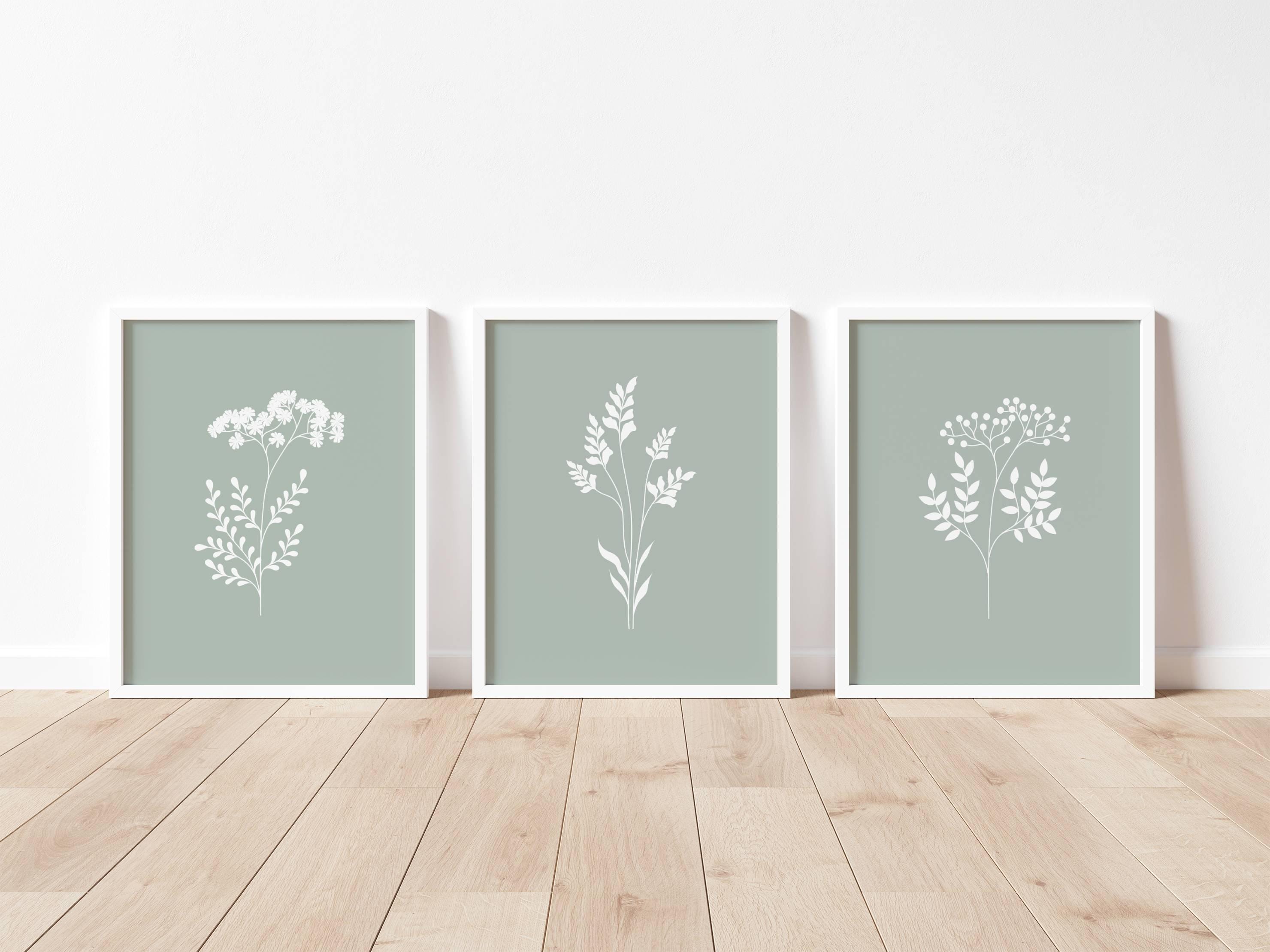 Sage Green Floral Wall Art Set of 3 Light Sage Green Wall Prints Green ...
