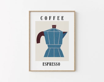 Printable Kitchen Wall Art Modern Coffee Poster Print Abstract Coffee Espresso Wall Art Dining Room Wall Art Blue Kettle Print Gift