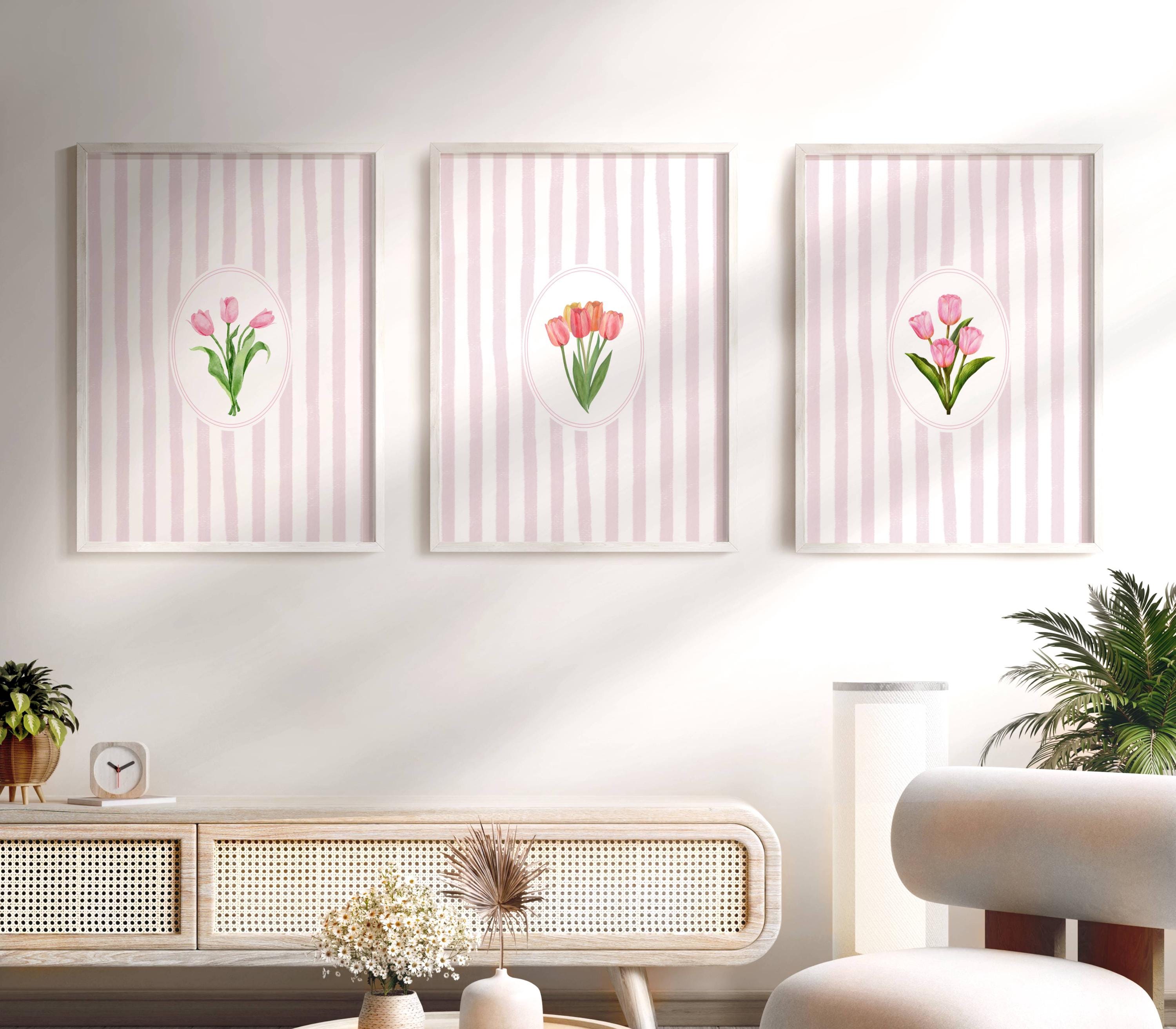 Vintage Pink Stripped Pink Tulip Print Set of 3 Stripped Pink Wall ...