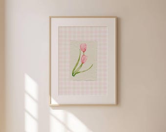 Vintage Tulip Illustration Print Abstract Vintage Painting Vintage Botanical Digital Checkered Trendy Decor Cornflower Pink Tulip Wall Art