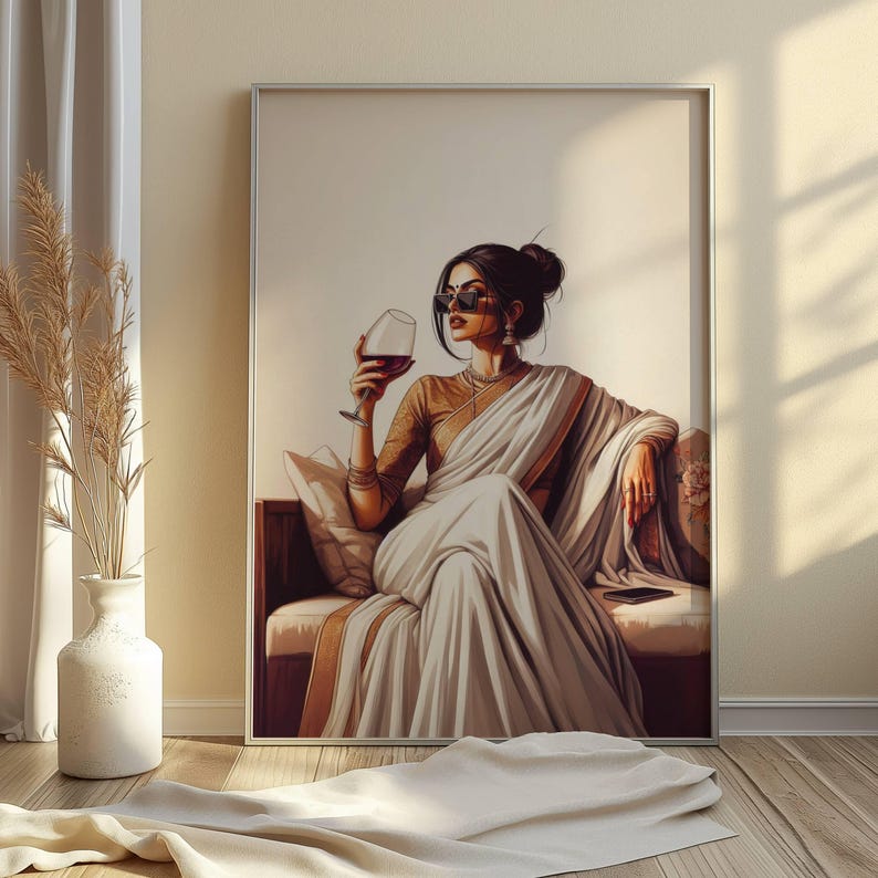Puede incluir: Una obra de arte enmarcada representa a una persona con un sari blanco, blusa dorada y gafas de sol, sosteniendo una copa de vino tinto. La obra est&aacute; ambientada sobre un fondo neutro, con un sof&aacute; y un jarr&oacute;n con plantas secas en primer plano.
