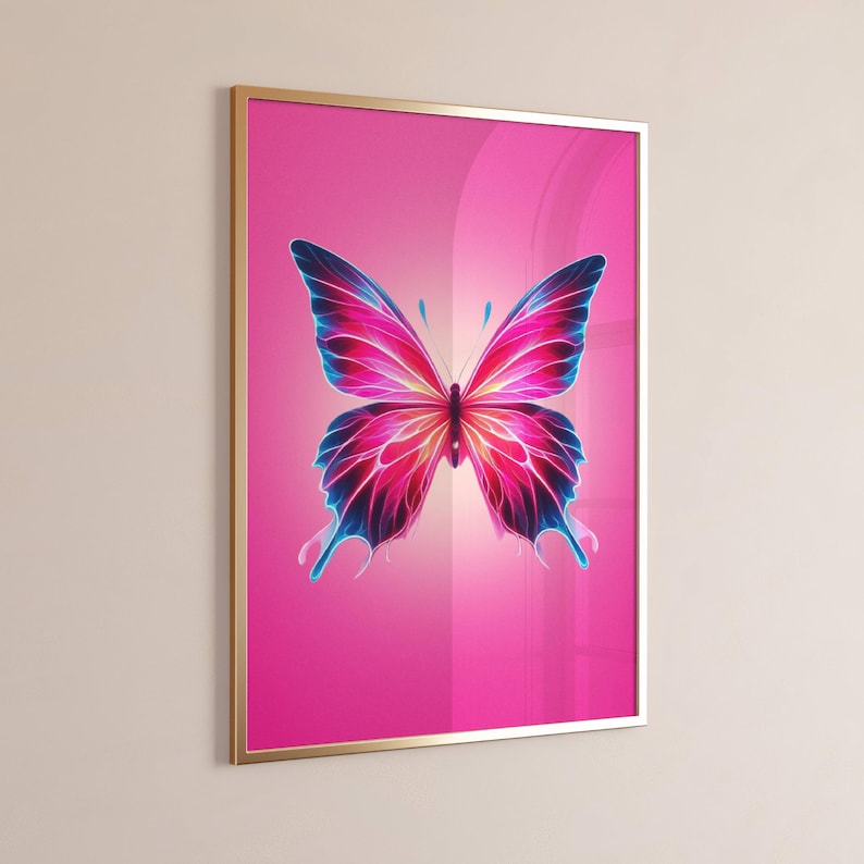 Pink Butterfly Print Neon Pink Wall Decor Cute Apartment Wall Art
