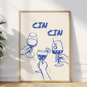 Cheers Printable Art CinCin Poster Cocktail Poster Retro Wine Illustration Bar Cart Print Blue Doodle Art Itália Wall Art Trendy Blue Wall Art