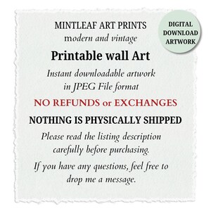 Pode incluir: Um sinal quadrado de arte para download digital com borda serrilhada. O texto diz: MINTLEAF ART PRINTS, modern and vintage, Printable wall Art, Instant downloadable artwork in JPEG File format, NO REFUNDS or EXCHANGES, NOTHING IS PHYSICALLY SHIPPED.