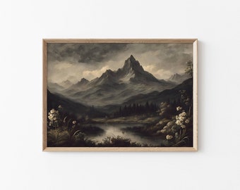 Moody Mountain Landscape Print Mountain Painting Vintage Printable Art, Dark Landscape Print, Antique Scenery Art Moody Landscape Painting