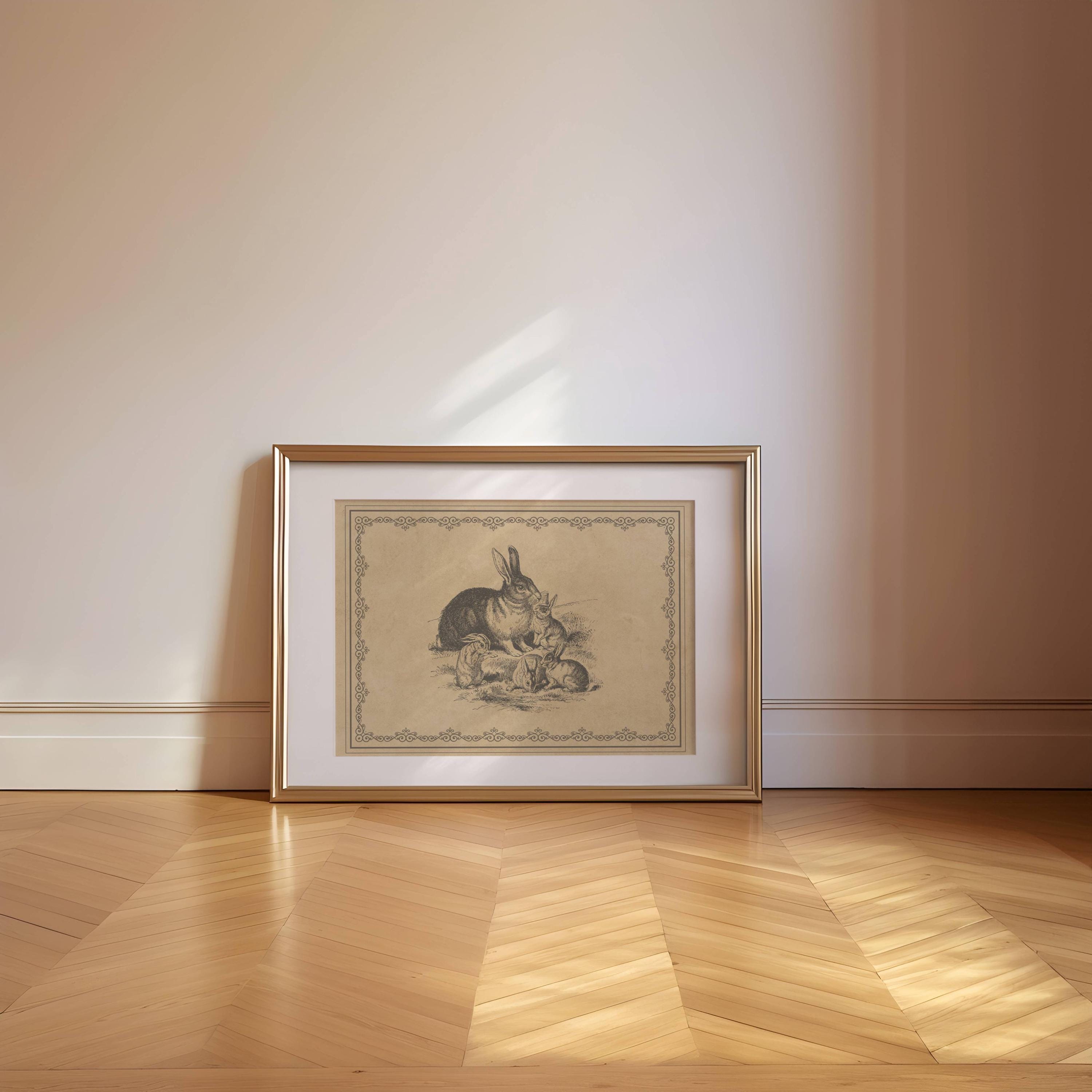 Vintage Rabbit Sketch Print Vintage Neutral Bunny Wall Art Country ...