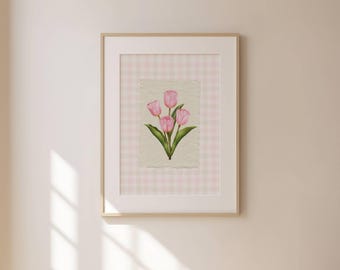 Rosa Tulpe Illustration Druck Abstrakte Tulpen Gemälde Vintage Botanische Digitale Karierte Trendy Dekor Kornblume Rosa Wandkunst
